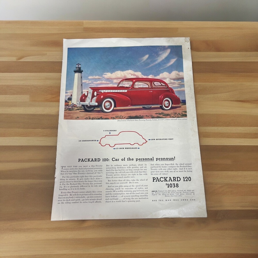 Vintage 1940 Packard 120 Family Sedan Red 11x14 Ad-Lane Cedar  Chests Ad On Back